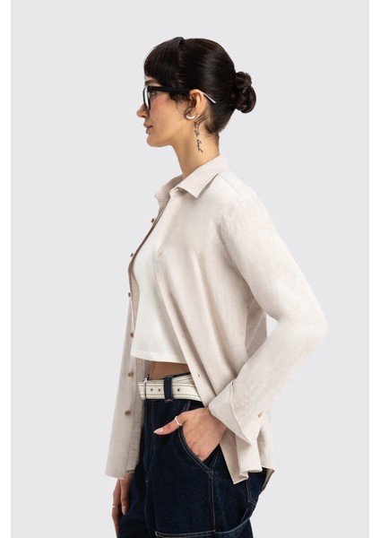 Bej Uzun Kollu Kadın Keten Gömlek fiyatları