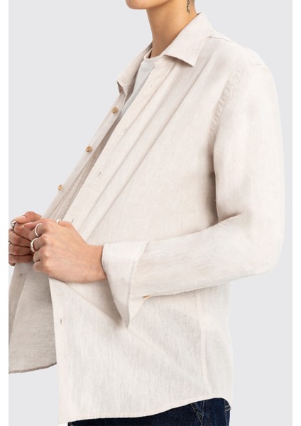 Bej Uzun Kollu Kadın Keten Gömlek modelleri