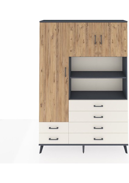 Arges Dolap 8 Raflı 6 Çekmeceli 3 Kapaklı 132X30X195 Antrasit-Çam/aytaşı