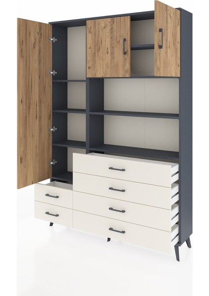 Arges Dolap 8 Raflı 6 Çekmeceli 3 Kapaklı 132X30X195 Antrasit-Çam/aytaşı modelleri