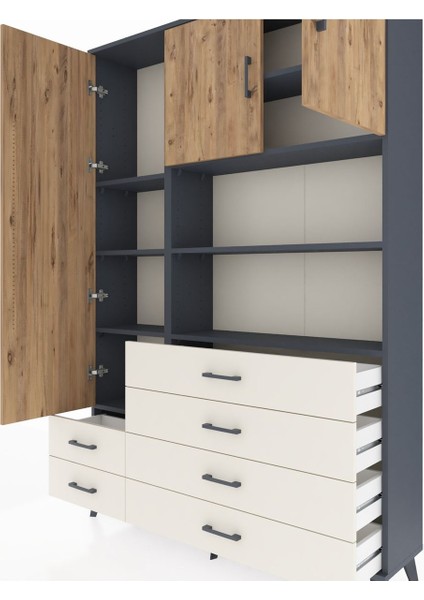 Arges Dolap 8 Raflı 6 Çekmeceli 3 Kapaklı 132X30X195 Antrasit-Çam/aytaşı fırsatları