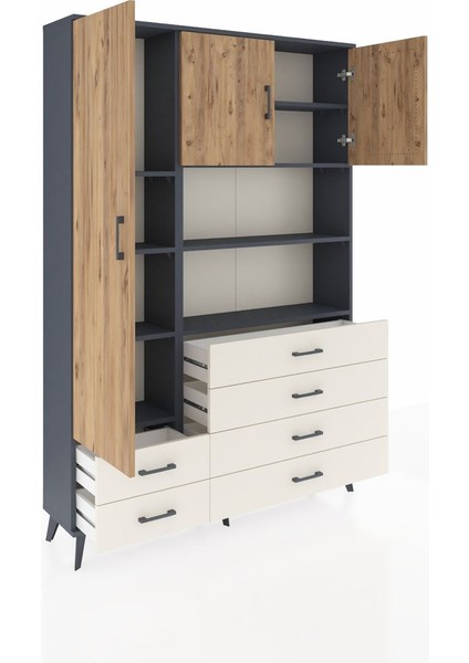 Arges Dolap 8 Raflı 6 Çekmeceli 3 Kapaklı 132X30X195 Antrasit-Çam/aytaşı indirimleri