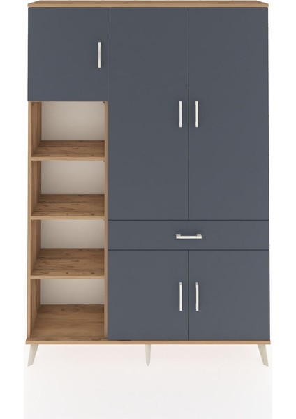 Arges Dolap 8 Raflı Tek Çekmeceli 5 Kapaklı 132X30X195 Çam-Antrasit/antrasit