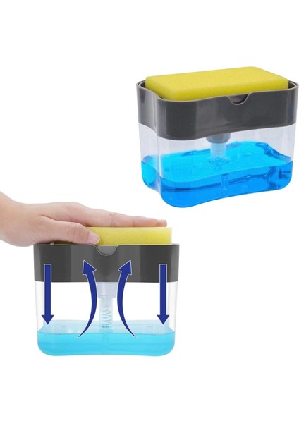 Ikisi Bir Arada Basmalı Pratik Sıvı Sabunluk Pompası ve Bulaşık Yıkama Süngeri Haznesi