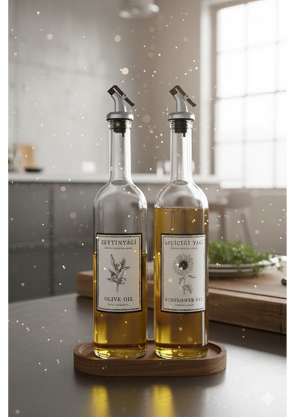 Ahşap Stantlı Zeytinyağı ve Ayçiçek Yağı Için Şık Cam Yağdanlık Seti (2'li) 750 ml