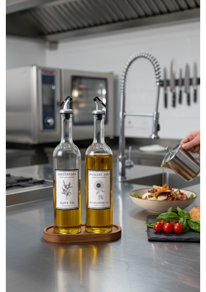 Ahşap Stantlı Zeytinyağı ve Ayçiçek Yağı Için Şık Cam Yağdanlık Seti (2'li) 750 ml fiyatları