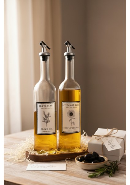 Ahşap Stantlı Zeytinyağı ve Ayçiçek Yağı Için Şık Cam Yağdanlık Seti (2'li) 750 ml modelleri