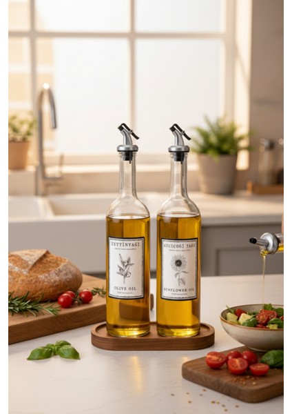 Ahşap Stantlı Zeytinyağı ve Ayçiçek Yağı Için Şık Cam Yağdanlık Seti (2'li) 750 ml fırsatları