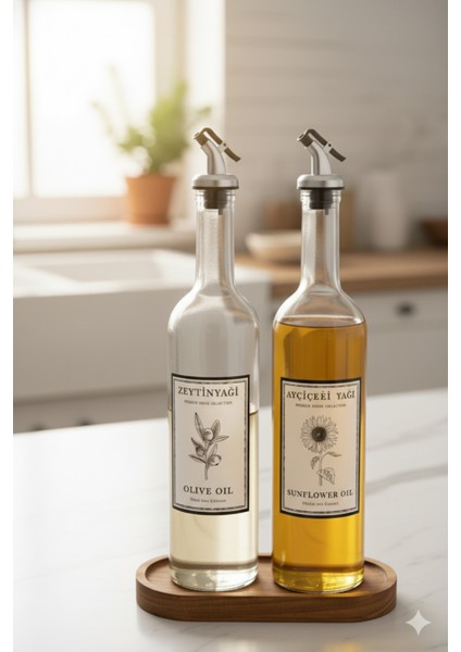 Ahşap Stantlı Zeytinyağı ve Ayçiçek Yağı Için Şık Cam Yağdanlık Seti (2'li) 750 ml indirimleri