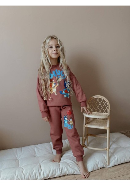 Kız Çocuk Bluey Modelli 3 Iplik Şardonlu Eşofman Takımı