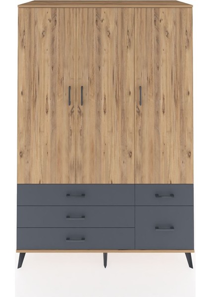Kronos Dolap 5 Raflı 5 Çekmeceli Tek Askılı 132X59X195 Çam-Çam/antrasit