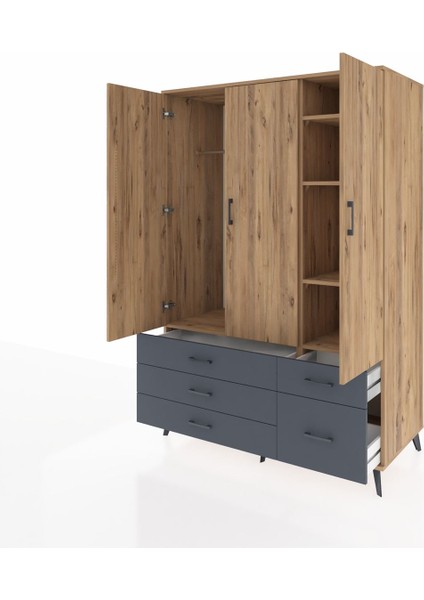 Kronos Dolap 5 Raflı 5 Çekmeceli Tek Askılı 132X59X195 Çam-Çam/antrasit modelleri