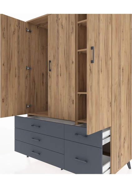 Kronos Dolap 5 Raflı 5 Çekmeceli Tek Askılı 132X59X195 Çam-Çam/antrasit fırsatları