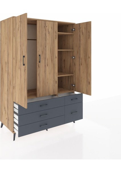 Kronos Dolap 5 Raflı 5 Çekmeceli Tek Askılı 132X59X195 Çam-Çam/antrasit indirimleri