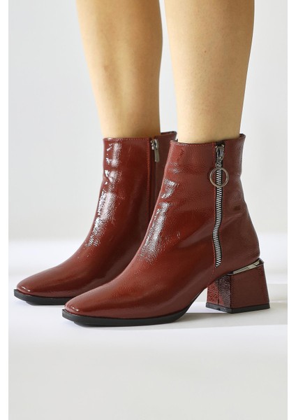 Deyana Bordo Kırışık Rugan Fermuar Aksesuarlı Bot