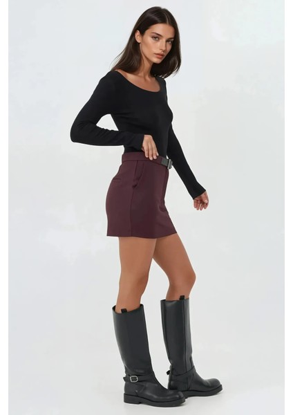 Kadın Düz Yüksek Bel Mini Şort Etek Koyu Mocha Kahve fırsatları