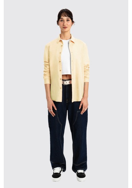 Sarı Uzun Kollu Kadın Keten Gömlek