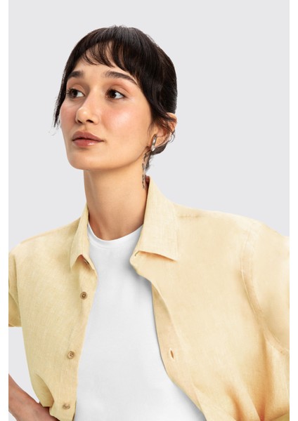 Sarı Uzun Kollu Kadın Keten Gömlek fiyatları