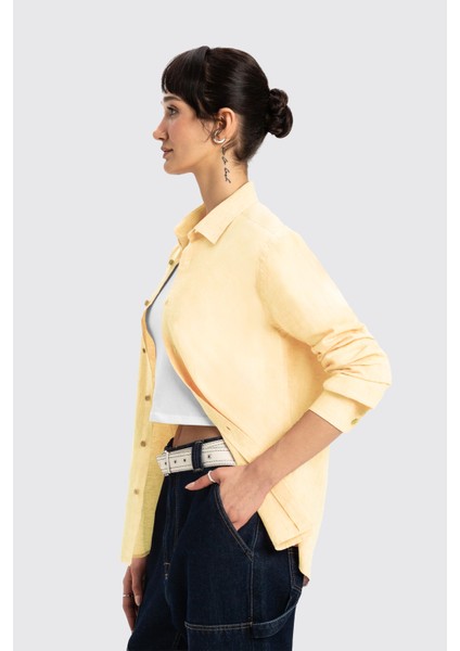Sarı Uzun Kollu Kadın Keten Gömlek modelleri