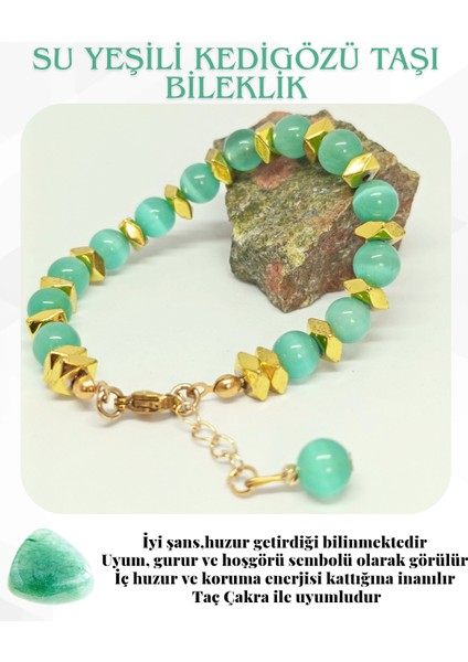 Su Yeşili Kedigözü Taşlı Uzatma Zincirli Doğaltaş Bileklik Marron Doğaltaş