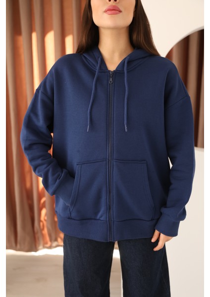 Lacivert Oversize Içi Polar ve Fermuar Detaylı Kapüşonlu Kadın Sweatshirt