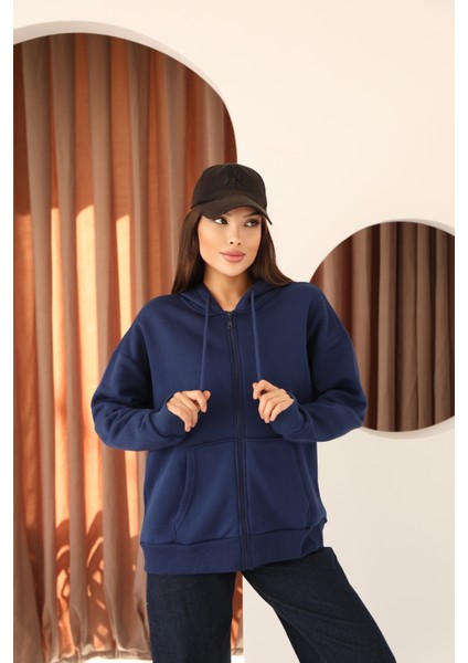 Lacivert Oversize Içi Polar ve Fermuar Detaylı Kapüşonlu Kadın Sweatshirt fiyatları