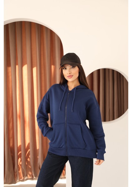 Lacivert Oversize Içi Polar ve Fermuar Detaylı Kapüşonlu Kadın Sweatshirt modelleri