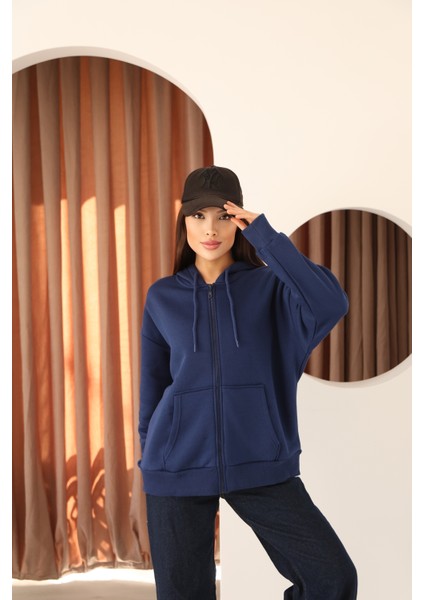 Lacivert Oversize Içi Polar ve Fermuar Detaylı Kapüşonlu Kadın Sweatshirt fırsatları