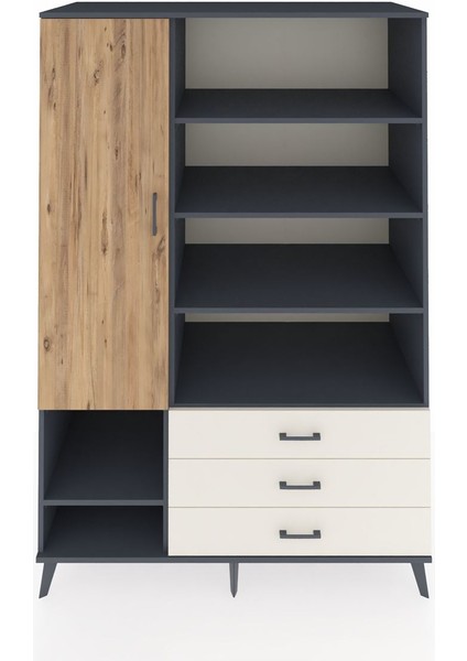 Kronos Dolap 9 Raflı 3 Çekmeceli Tek Kapaklı 132X59X195 Antrasit-Çam/aytaşı