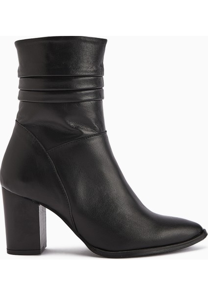 Tamina Hakiki Deri Siyah Sivri Burunlu Topuklu Kadın Bot