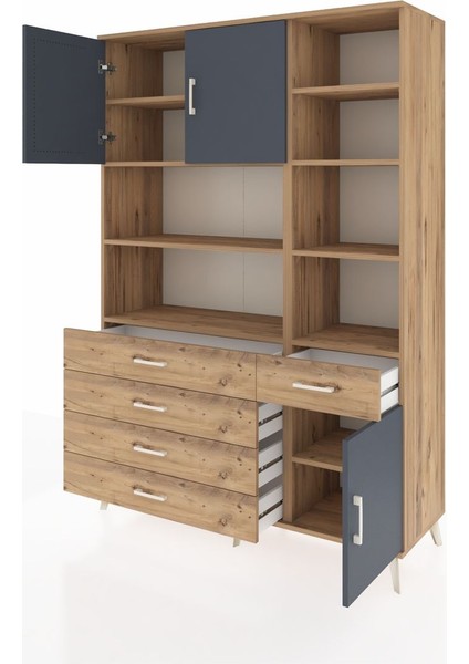 Hyperion Dolap 9 Raflı 5 Çekmeceli 3 Kapaklı 132X44X195 Çam-Antrasit/çam modelleri