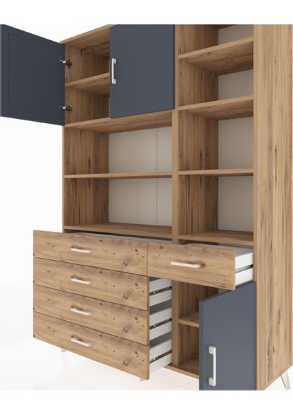 Hyperion Dolap 9 Raflı 5 Çekmeceli 3 Kapaklı 132X44X195 Çam-Antrasit/çam fırsatları