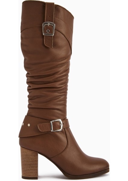 Ting Hakiki Deri Taba Toka Detaylı Kadın Topuklu Çizme