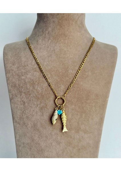 Çelik Balık 14K Kaplama Deniz Kabuğu Charmlı Kolye