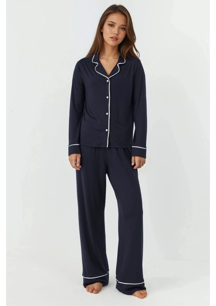 Kadın Gömlek Yakal Ekstra Yumuşak Rahat Kesim Uzun Kollu Pijama Takımı Lacivert
