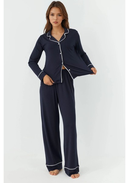 Kadın Gömlek Yakal Ekstra Yumuşak Rahat Kesim Uzun Kollu Pijama Takımı Lacivert