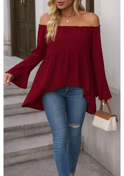 Kadın Uzun Kollu Madonna Yaka Asimetrik Detaylı Kolları Ispanyol Viskon Bluz fiyatları