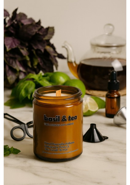 : Basil & Tea : Amber Cam Kavanozda : Kokulu Soya Mum (Reyhan, Bergamot, Siyah Çay, Ylang Ylang)