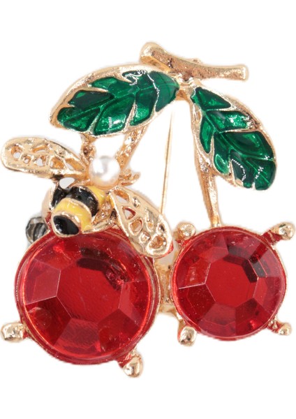 Yazın Neşesi Arılı Kiraz Broş. Altın Dallı Kristal Taşlı Yakut Renkli Kiraz Arı Kadın Yaka Iğnesi