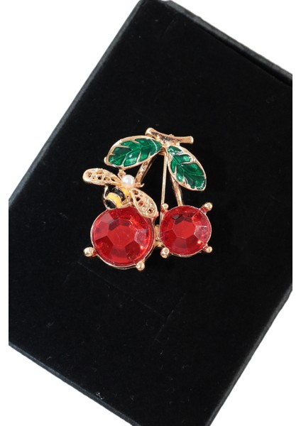 Yazın Neşesi Arılı Kiraz Broş. Altın Dallı Kristal Taşlı Yakut Renkli Kiraz Arı Kadın Yaka Iğnesi fiyatları