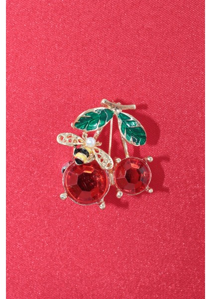 Yazın Neşesi Arılı Kiraz Broş. Altın Dallı Kristal Taşlı Yakut Renkli Kiraz Arı Kadın Yaka Iğnesi fırsatları