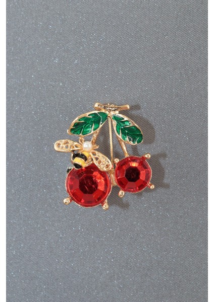 Yazın Neşesi Arılı Kiraz Broş. Altın Dallı Kristal Taşlı Yakut Renkli Kiraz Arı Kadın Yaka Iğnesi indirimleri