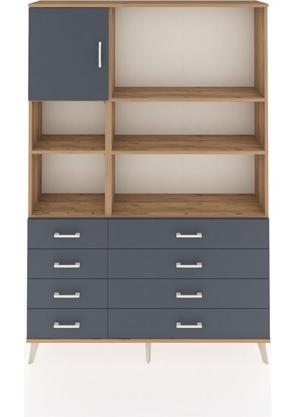 Arges Dolap 7 Raflı 8 Çekmeceli Tek Kapaklı 132X30X195 Çam-Antrasit/antrasit