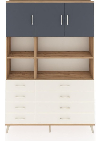 Arges Dolap 8 Raflı 8 Çekmeceli 3 Kapaklı 132X30X195 Çam-Antrasit/aytaşı