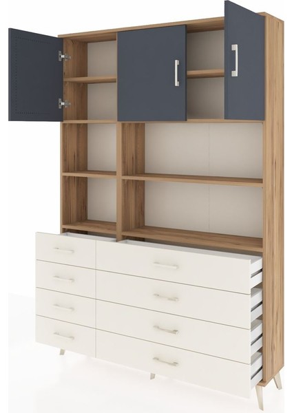 Arges Dolap 8 Raflı 8 Çekmeceli 3 Kapaklı 132X30X195 Çam-Antrasit/aytaşı modelleri