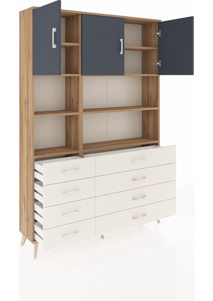 Arges Dolap 8 Raflı 8 Çekmeceli 3 Kapaklı 132X30X195 Çam-Antrasit/aytaşı indirimleri