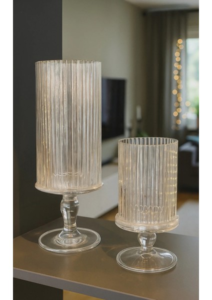 Şık Cam Ayaklı Dekoratif Mumluk Seti – 2’li Büyük Boy Cam Şamdan