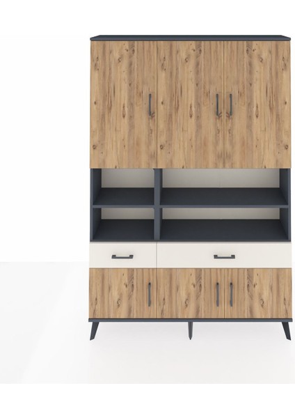 Arges Dolap 8 Raflı 2 Çekmeceli 6 Kapaklı 132X30X195 Antrasit-Çam/aytaşı