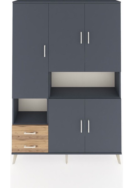 Arges Dolap 10 Raflı 2 Çekmeceli 5 Kapaklı 132X30X195 Antrasit-Antrasit/çam