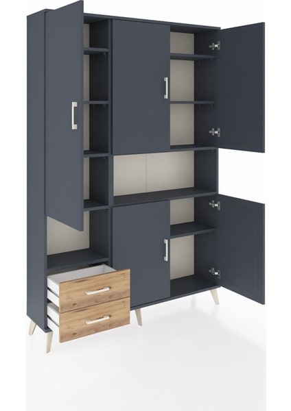 Arges Dolap 10 Raflı 2 Çekmeceli 5 Kapaklı 132X30X195 Antrasit-Antrasit/çam indirimleri